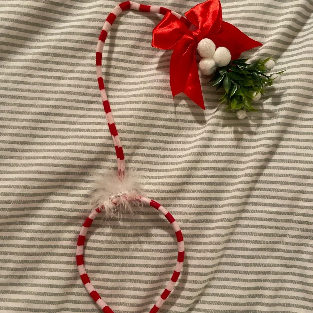 Red and Pink Striped Mistletoe Holiday Headband with Feather Accent